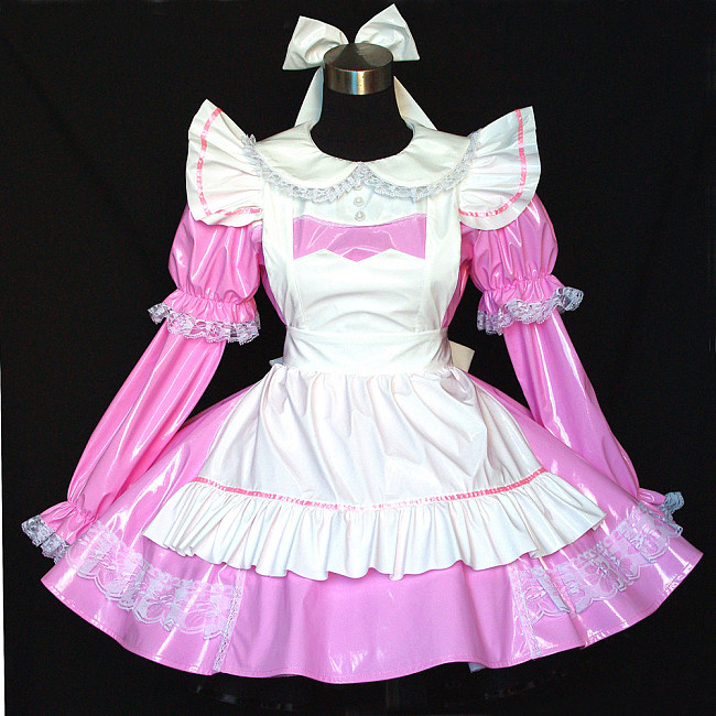 Pink and White Thin PVC Lockable Sissy Maid Crossdressing Dress [G507]