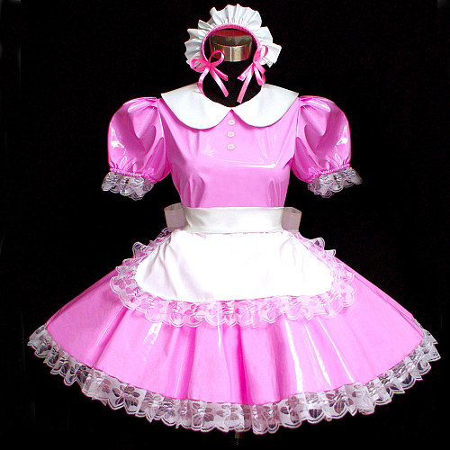 Pink Thin PVC Sissy Maid Dress with White Apron and Headpiece – Lockable Crossdressing Outfit [G494]