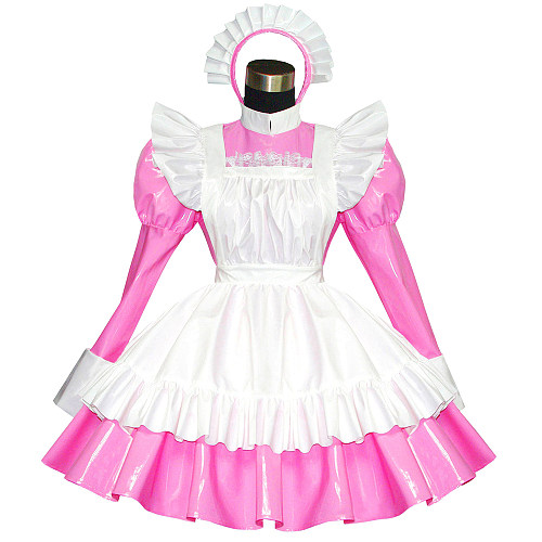 Pink and White Thin PVC Lockable Sissy Maid Crossdressing Dress [G519]