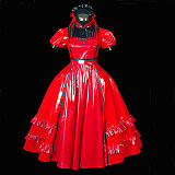 Red Thin PVC Lockable Sissy Maid Long Dress – Crossdressing High-Shine Gothic Gown [G474]