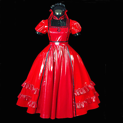 Red Thin PVC Lockable Sissy Maid Long Dress – Crossdressing High-Shine Gothic Gown [G474]