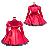 Red Satin Puff Sleeve Sissy Maid Crossdressing Dress with Locking Collar [G504]