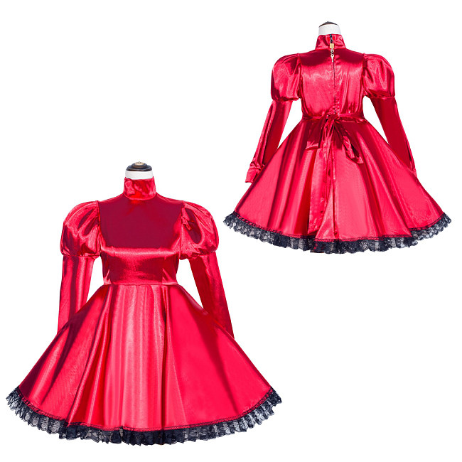 Red Satin Puff Sleeve Sissy Maid Crossdressing Dress with Locking Collar [G504]