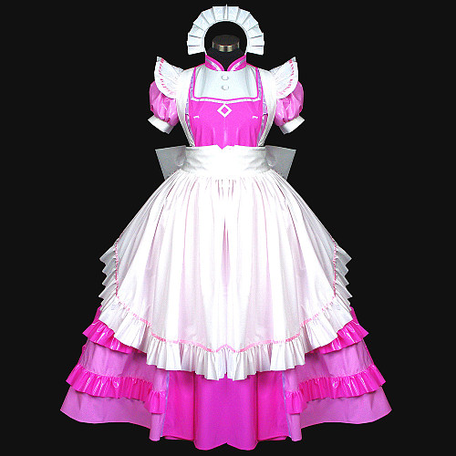 Pink and White Thin PVC Lockable Sissy Maid Long Dress – Glossy Crossdressing Uniform [G477]
