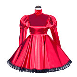 Red Satin Puff Sleeve Sissy Maid Crossdressing Dress with Locking Collar [G504]