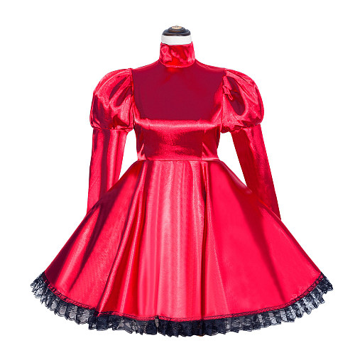 Red Satin Puff Sleeve Sissy Maid Crossdressing Dress with Locking Collar [G504]