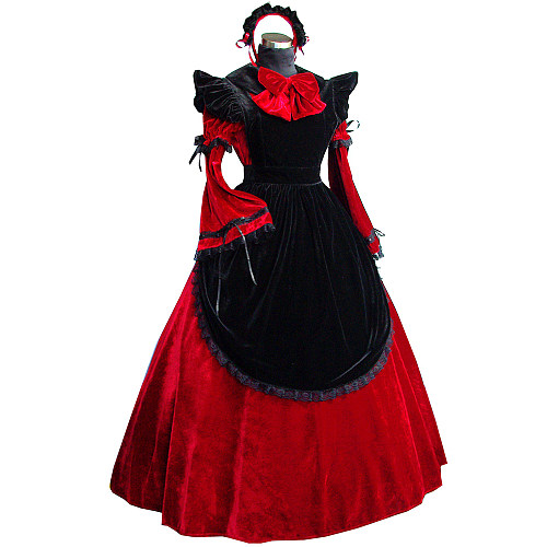 Red and Black Velvet Lockable Sissy Maid Crossdressing Gown Dress [G520]
