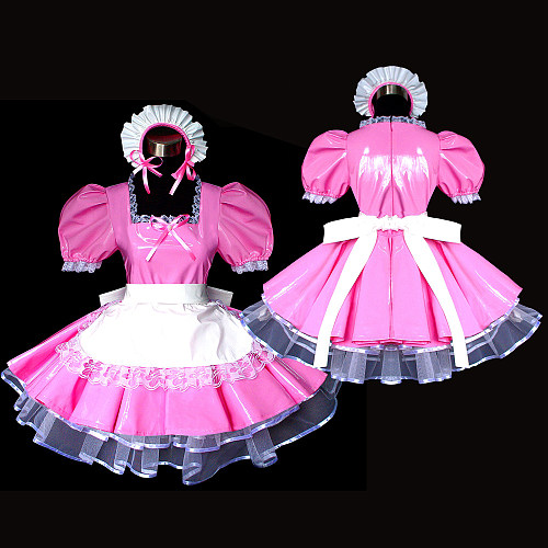 Pink Thin PVC Sissy Maid Dress with White Apron – Lockable Crossdressing Outfit [G489]