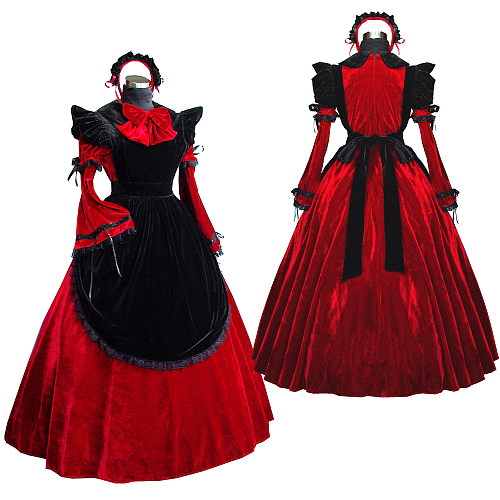 Red and Black Velvet Lockable Sissy Maid Crossdressing Gown Dress [G520]