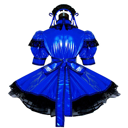 Shiny Blue Thin PVC Sissy Maid Dress – Lockable Crossdressing Outfit with Lace [G488]