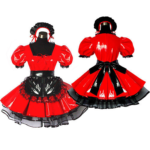 Red and Black Thin PVC Sissy Maid Dress – Lockable Crossdressing Outfit [G491]