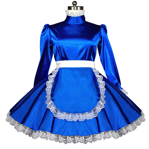 Royal Blue Satin Lockable Sissy Maid Crossdressing Dress with Lace Apron [G558]