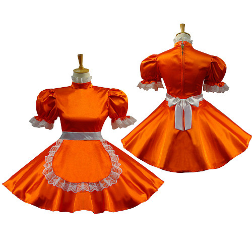 Bright Orange Satin Sissy Maid Dress – Lockable Handmade Crossdressing Uniform [G584]
