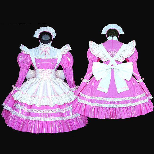 Pink and White Ruffled Thin PVC Lockable Sissy Maid Crossdressing Dress [G528]