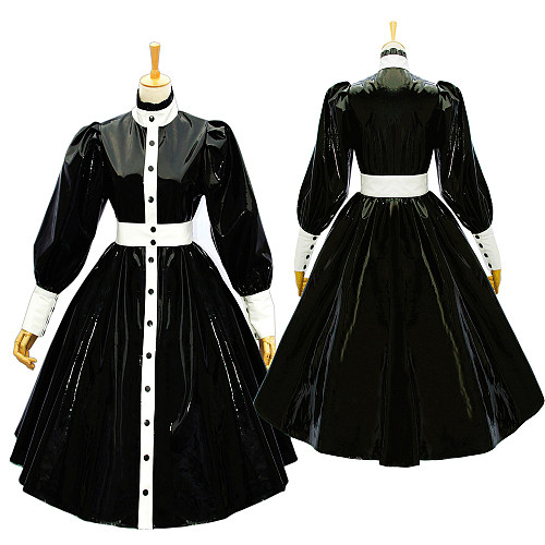 Black & White Heavy PVC Sissy Maid Dress – Full-Length Glossy Crossdressing Uniform [G585]