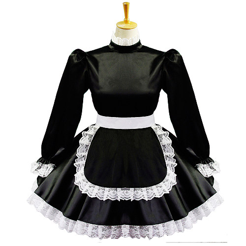 Black Satin Lockable Sissy Maid Dress with White Apron & Lace Trim [G579]