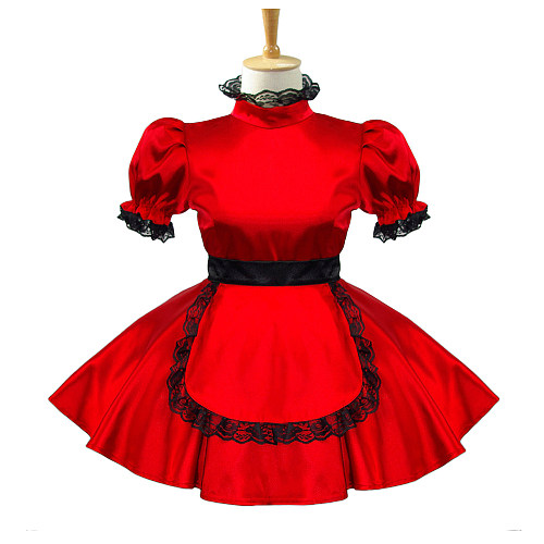Red & Black Satin Sissy Maid Dress – Lockable Gothic Crossdressing Outfit [G582]