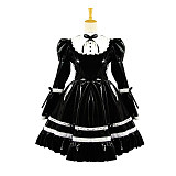 Black Thin PVC Sissy Maid Dress – Lockable Long-Sleeve Crossdressing Uniform with White Lace [G615]