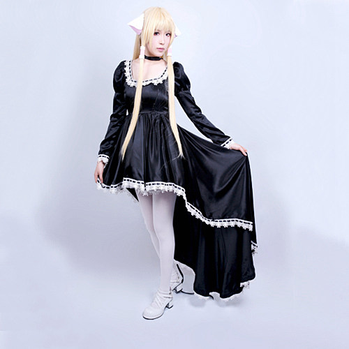 Freya Chobits Chii Satin Black Cosplay Gown with Long Train and Lace [G607]
