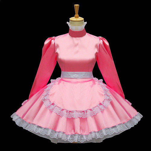 Pink Satin Lockable Sissy Maid Dress with White Lace Apron & Bow [G577]