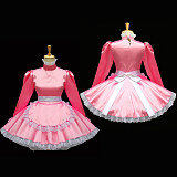 Pink Satin Lockable Sissy Maid Dress with White Lace Apron & Bow [G577]