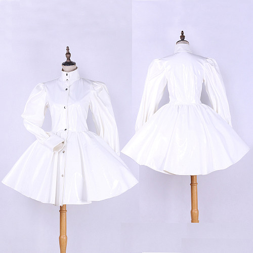 White Heavy PVC Uniform-Style Discipline button-up Sissy Maid Dress [G535]
