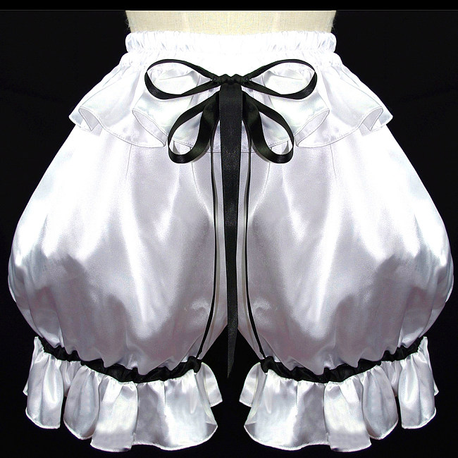 White Satin Frilly Sissy Bloomers – Crossdressing Panties with Black Bow Detail [G588]