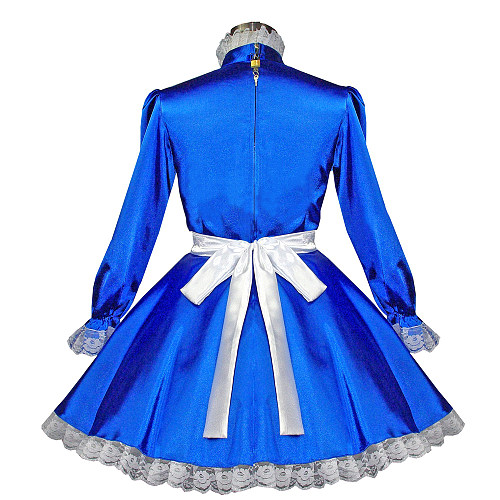 Royal Blue Satin Lockable Sissy Maid Crossdressing Dress with Lace Apron [G558]