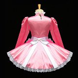 Pink Satin Lockable Sissy Maid Dress with White Lace Apron & Bow [G577]