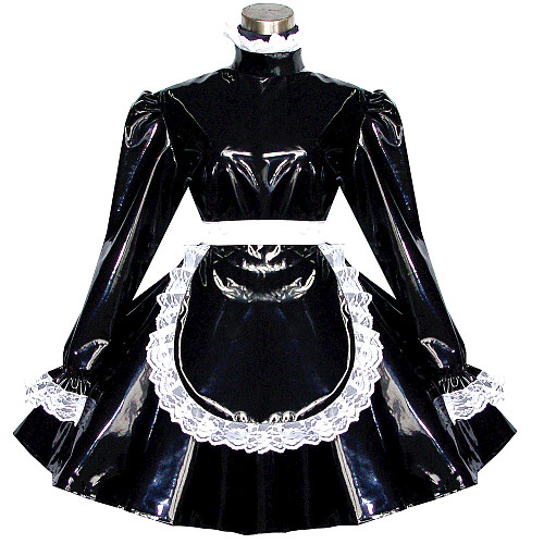 Black Heavy PVC Lockable Sissy Maid Dress with Lace Apron [G551]