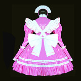 Pink and White Ruffled Thin PVC Lockable Sissy Maid Crossdressing Dress [G528]