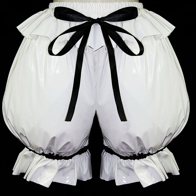 Shiny White Thin PVC Sissy Bloomers – Frilly Crossdressing Panties with Black Ribbon [G587]