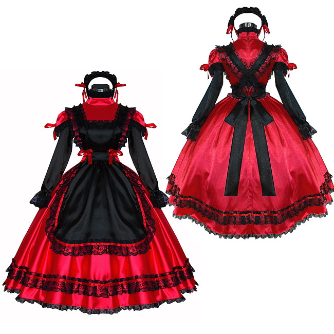 Red and Black Satin Lockable Sissy Maid Dress Crossdressing Gown with Gothic Lace [G529]