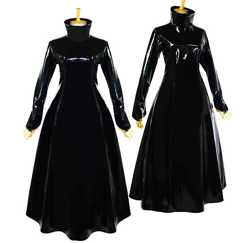 Black Heavy PVC Sissy Discipline Gown – Lockable Full-Length Crossdressing Dress with High Collar [G620]