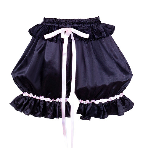 Black Satin Frilly Sissy Bloomers – Crossdressing Panties with Pink Ribbon Trim [G592]
