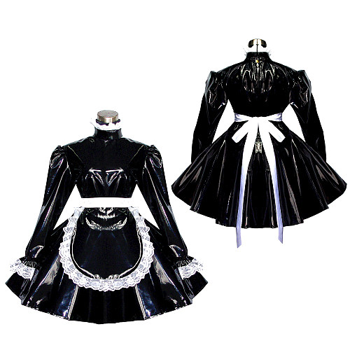 Black Heavy PVC Lockable Sissy Maid Dress with Lace Apron [G551]