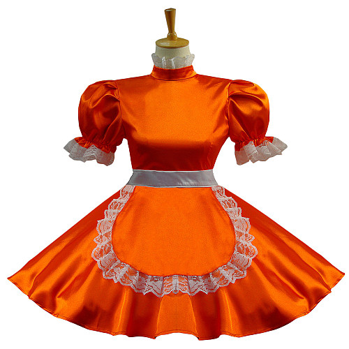 Bright Orange Satin Sissy Maid Dress – Lockable Handmade Crossdressing Uniform [G584]