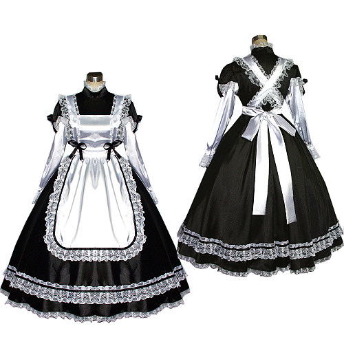 Black and White Satin Lockable Sissy Maid Dress Crossdressing Gown [G524]