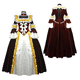 Burgundy Velvet Rococo Victorian Medieval Gown Set – Gold Ruffle Crossdressing Dress [G569]