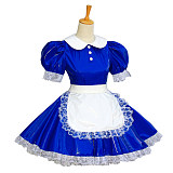Shiny Blue Heavy PVC Sissy Maid Dress – Lockable Crossdressing Outfit with Lace Apron [G602]