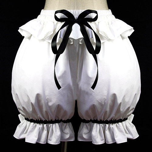 White Cotton Frilly Sissy Bloomers – Crossdressing Panties with Black Bow [G586]