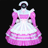 Pink and White Ruffled Thin PVC Lockable Sissy Maid Crossdressing Dress [G528]