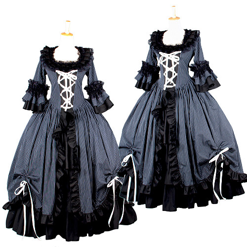 Striped Cotton Ruffle Victorian Medieval Gown Set – Crossdressing Dress [G572]