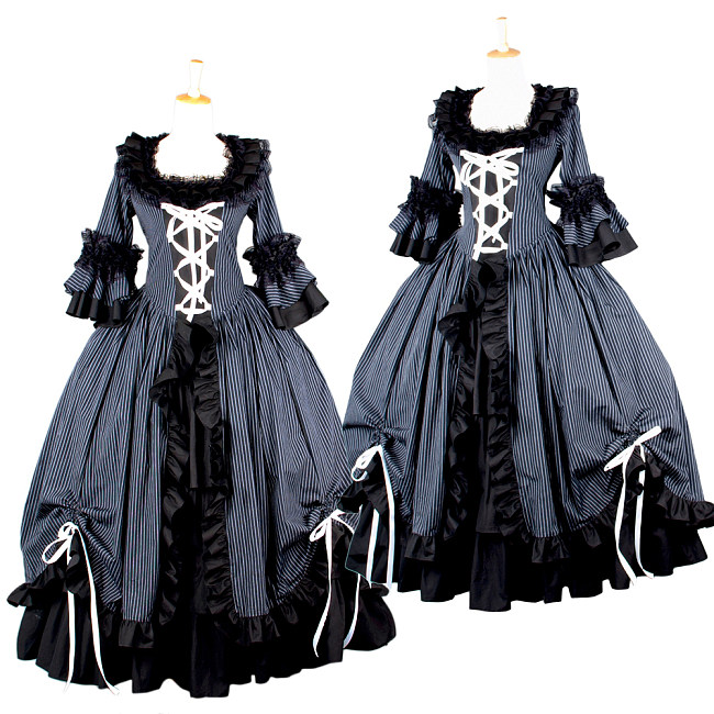 Striped Cotton Ruffle Victorian Medieval Gown Set – Crossdressing Dress [G572]