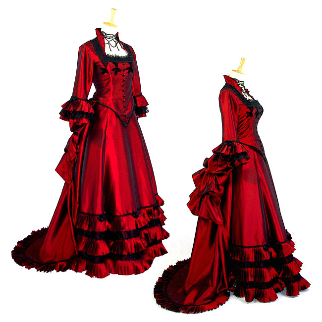 Rococo Red Taffeta Victorian Medieval Gown Set with Bustle Skirt – Crossdressing Drama Dress [G621]