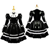 Black Thin PVC Sissy Maid Dress – Lockable Long-Sleeve Crossdressing Uniform with White Lace [G615]