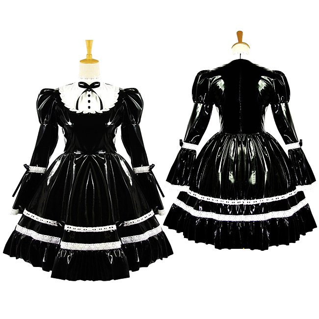 Black Thin PVC Sissy Maid Dress – Lockable Long-Sleeve Crossdressing Uniform with White Lace [G615]