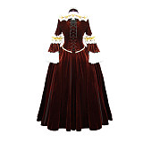 Burgundy Velvet Rococo Victorian Medieval Gown Set – Gold Ruffle Crossdressing Dress [G569]