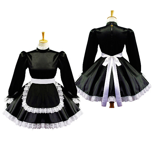 Black Satin Lockable Sissy Maid Dress with White Apron & Lace Trim [G579]