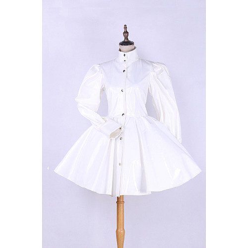 White Heavy PVC Uniform-Style Discipline button-up Sissy Maid Dress [G535]
